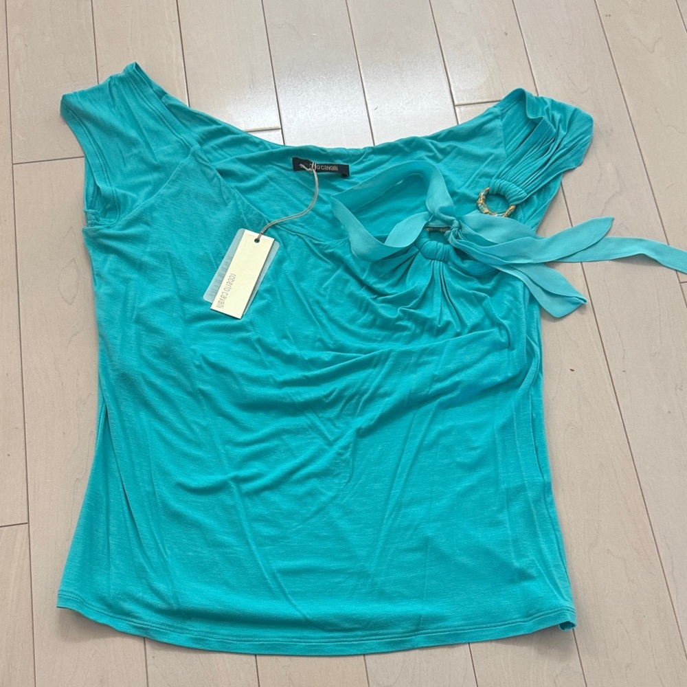 Roberto Cavalli Teal Women's Top with bow and brooch rings Size 46